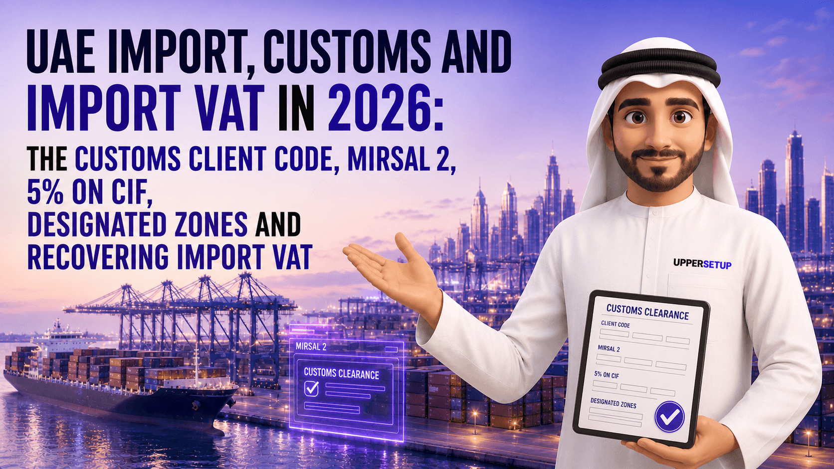 UAE Import, Customs and Import VAT in 2026: the Customs Client Code, Mirsal 2, 5% on CIF, Designated Zones and Recovering Import VAT