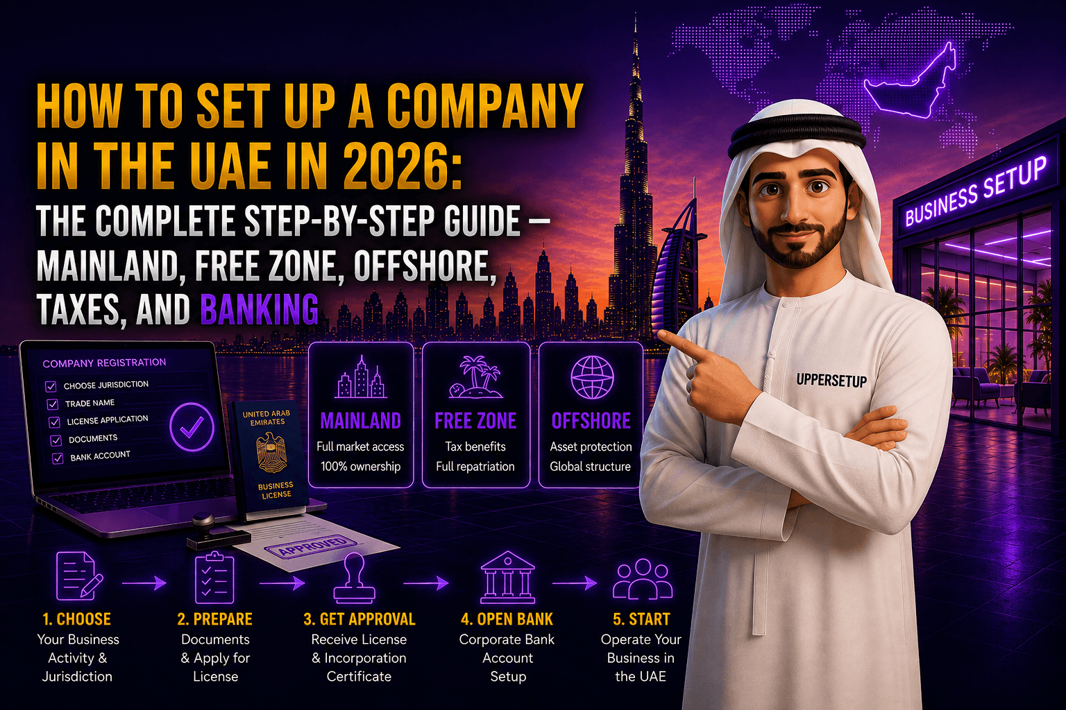 How to Set Up a Company in the UAE in 2026: The Complete Step-by-Step Guide — Mainland, Free Zone, Offshore, Taxes, and Banking