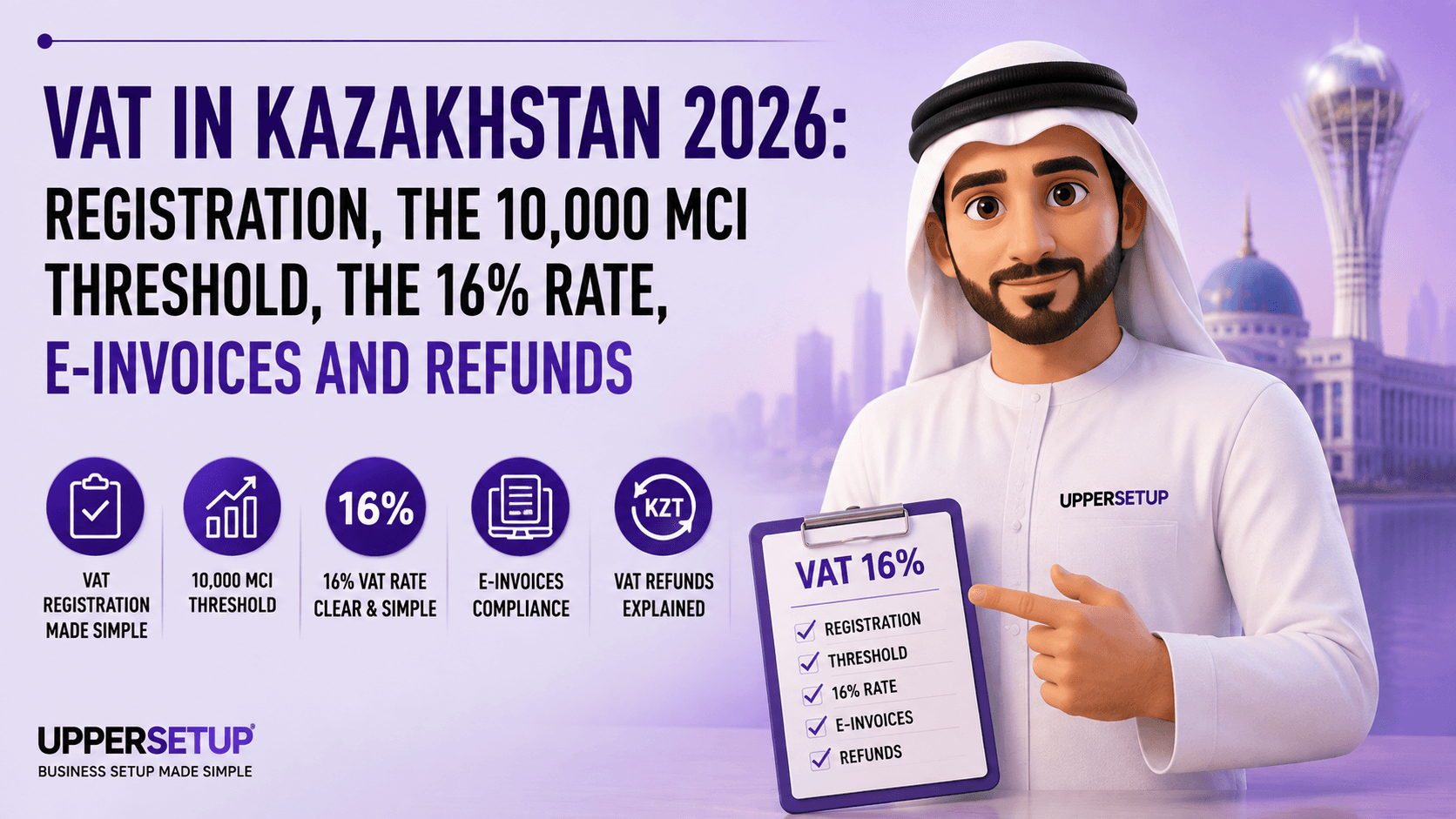 VAT in Kazakhstan 2026: Registration, the 10,000 MCI Threshold, the 16% Rate, e-Invoices and Refunds